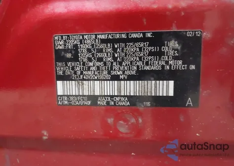 2012 Toyota Rav4 from USA, damaged, VIN 2T3JF4DV2CW196202